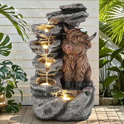 19" Highland Cow Outdoor Fountain with LED Lights | 5-Tier Charming Water Feature , Pastoral Resin Soothing Cascading Waterfall for Patio, Backyard, Garden or Porch