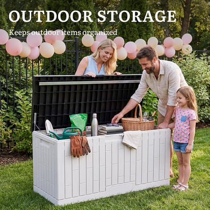 YITAHOME Large Deck Box 120 Gallon Resin Outdoor Storage Box | Patio Storage Bin for Outdoor Pillows, Garden Tools and Pool Supplies, Waterproof, Lockable, Grayish-White