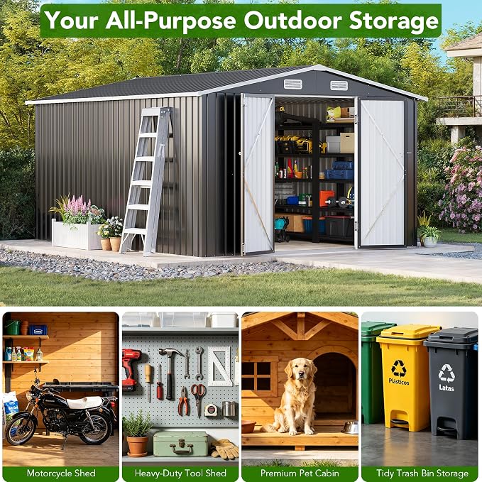 MXV 12 x 10FT Outdoor Storage Shed, Metal Garden Shed with Windows, Double Lockable Doors & Sloped Roof, Waterproof Tool Sheds for Backyard Garden Patio Lawn, Black