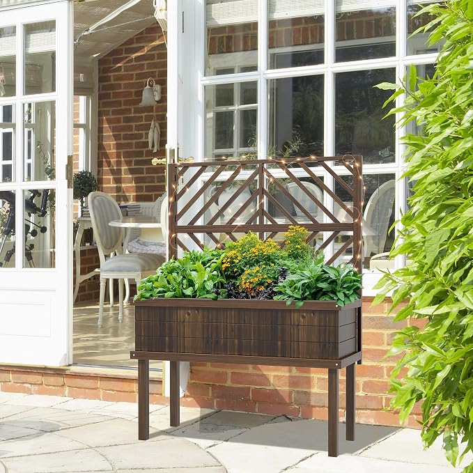 Outsunny Raised Garden Bed with Trellis for Climbing Plants, Vegetable, Grape Vines, Wood Planter with Legs, Drainage Holes and Filter for Outdoor Garden, Patio, Carbonized
