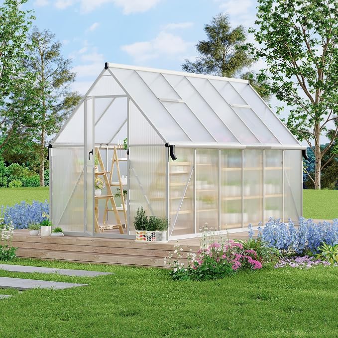 GarveeLife 8X14FT Polycarbonate Greenhouse with Aluminum Frame, Polycarbonate Greenhouse for Outdoors, Greenhouses with Ventilation and Rain Gutter, Aluminum Large Walk-in Greenhouses for Outside