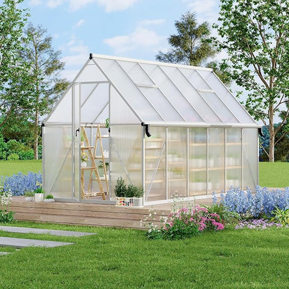 GarveeLife 8X14FT Polycarbonate Greenhouse with Aluminum Frame, Polycarbonate Greenhouse for Outdoors, Greenhouses with Ventilation and Rain Gutter, Aluminum Large Walk-in Greenhouses for Outside