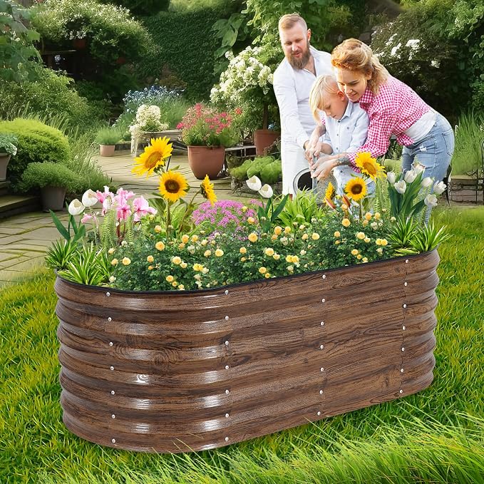 1MORE Galvanized Raised Garden Bed- Planter Garden Boxes Outdoor, Raised Beds for Gardening, 4x2x1.4ft Metal Garden Bed Kit for Vegetables Flower, Planter Raised Bed with Protective Tape & Tools.Grain