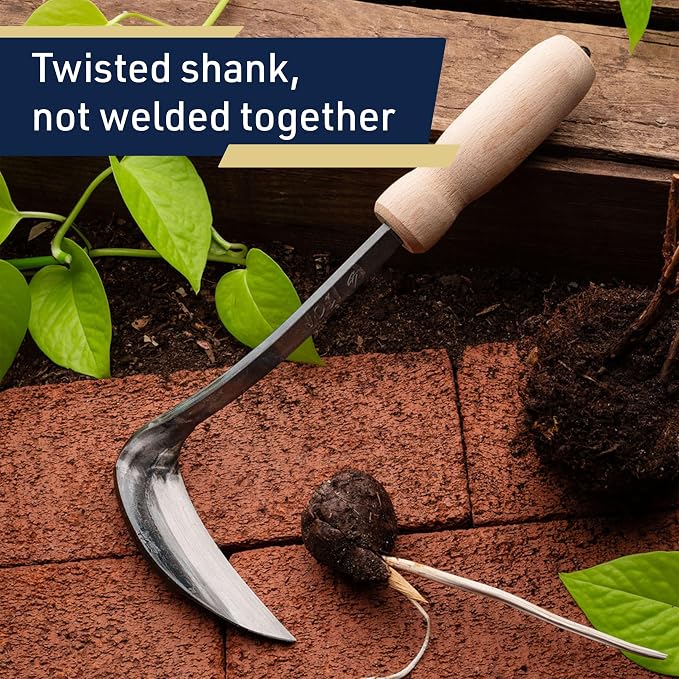 Kings County Tools Japanese Made Weeding Sickle Tool | Nejiri Kama | Razor Sharp 4" Drop Forged Steel Blade | Designed for Strength, Durability, and Quick Weed Removal | 7" Overall Length