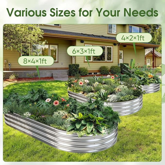 NEWBULIG Galvanized Raised Garden Bed Outdoor, 6x3x1ft Metal Planter Box for Vegetables Flowers Herbs, Heavy-Duty Oval Raised Flower Bed for Gardening, Open Bottom, Easy Assembly, Safe Edges