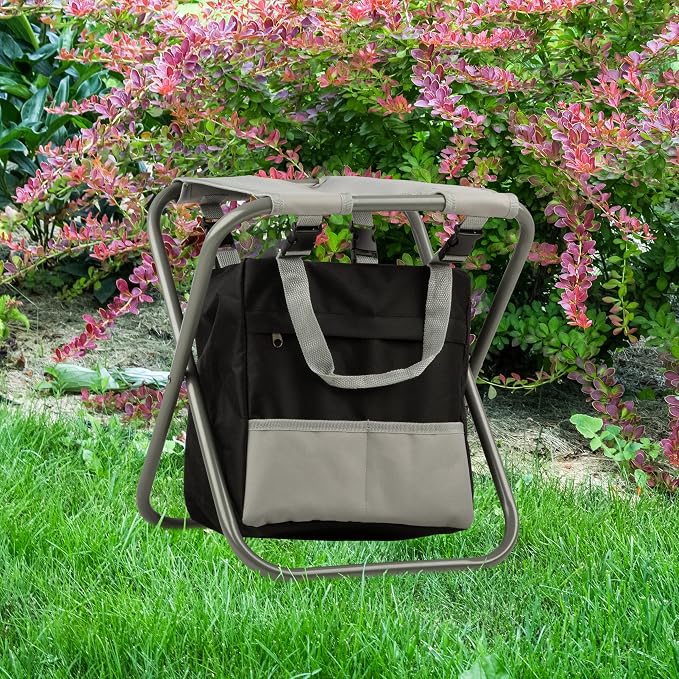 Pure Garden Garden Tools Set - Folding Stool with 250lb Capacity, Detachable 7 Pocket Bag, and 5 Gardening Tools for Weeding and Planting (Gray)