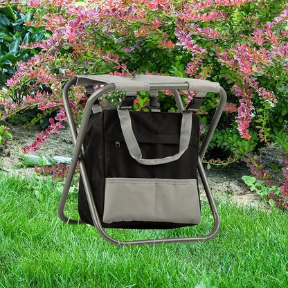 Pure Garden Garden Tools Set - Folding Stool with 250lb Capacity, Detachable 7 Pocket Bag, and 5 Gardening Tools for Weeding and Planting (Gray)