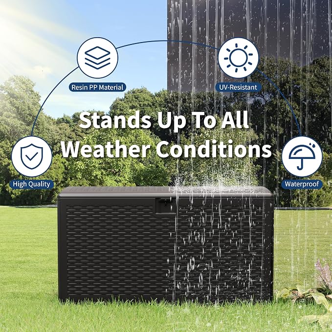 99 Gallon Waterproof Large Resin Deck Box Indoor Outdoor, Lockable Storage Container for Patio Furniture Cushions, Throw Pillows, Garden Tools, and Pool Floats, Black