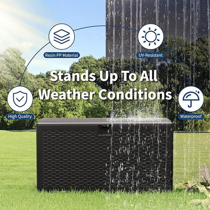 73 Gallon Waterproof Large Resin Deck Box Indoor Outdoor, Lockable Storage Container for Patio Furniture Cushions, Throw Pillows, Garden Tools, and Pool Floats, Black