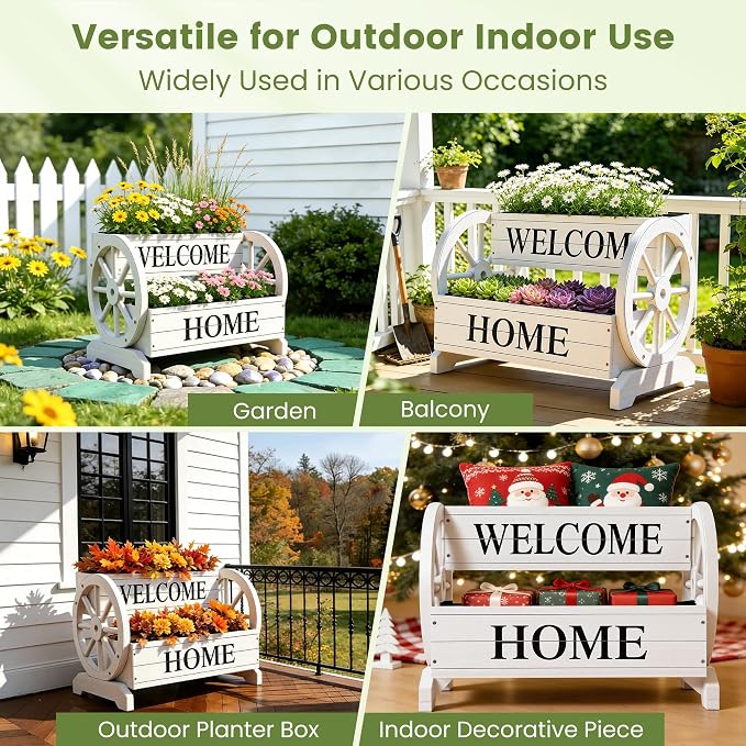 24" White Extra Large 2-Tier Wooden Wagon Planter Box | Whitewashed wood flower cart with drainage holes, liner, wagon wheels, and WELCOME HOME detail for porch and patio decor