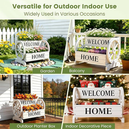 24" White Extra Large 2-Tier Wooden Wagon Planter Box | Whitewashed wood flower cart with drainage holes, liner, wagon wheels, and WELCOME HOME detail for porch and patio decor