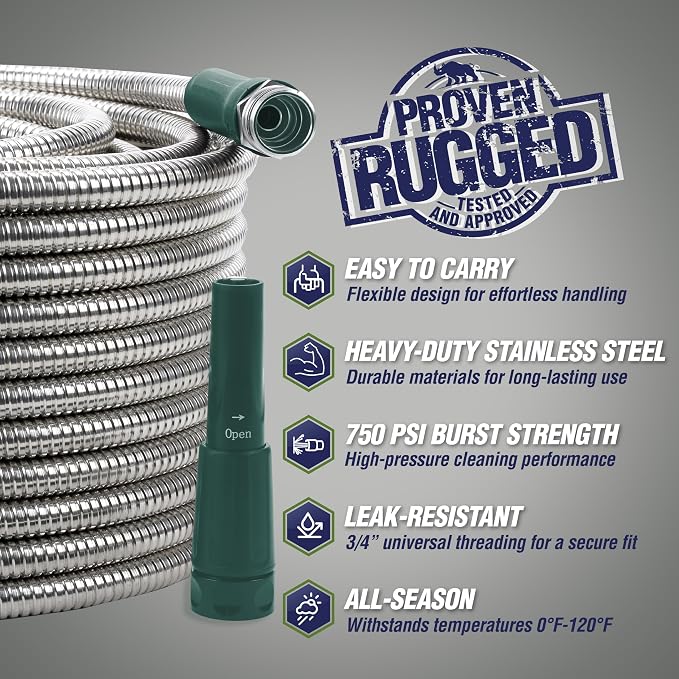 RUGGED RHINO Metal Garden Hose with Spray Nozzle, 304 Stainless Steel, 750 PSI Burst Strength, Heavy Duty Flexible Water Hose, Kink Resistant, Leakproof for Yard, Lawn and Outdoor Use, Green 25FT
