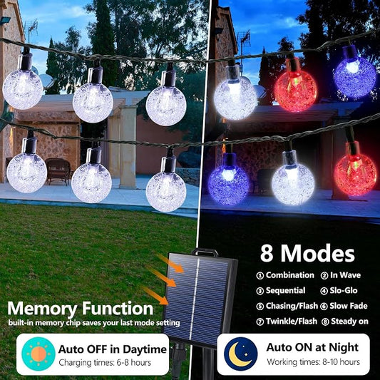 Joomer Red White Blue Solar String Lights,39FT 60LED 4th of July Decor | with 8 Lighting Modes Waterproof, Solar Powered Fairy Lights for Independence Day Yard Gazebo BBQ Patriotic Party Decorations