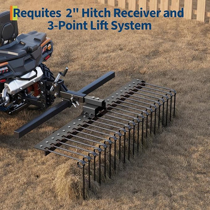 GlowSol 48-Inch Heavy Duty Tow-Behind Pine Straw & Landscape Rake for Tractor, ATV, UTV – 17 Powder-Coated Steel Tines, 2-Inch Receiver Hitch, Ideal for Lawn Leveling, Dethatching & Debris Collection