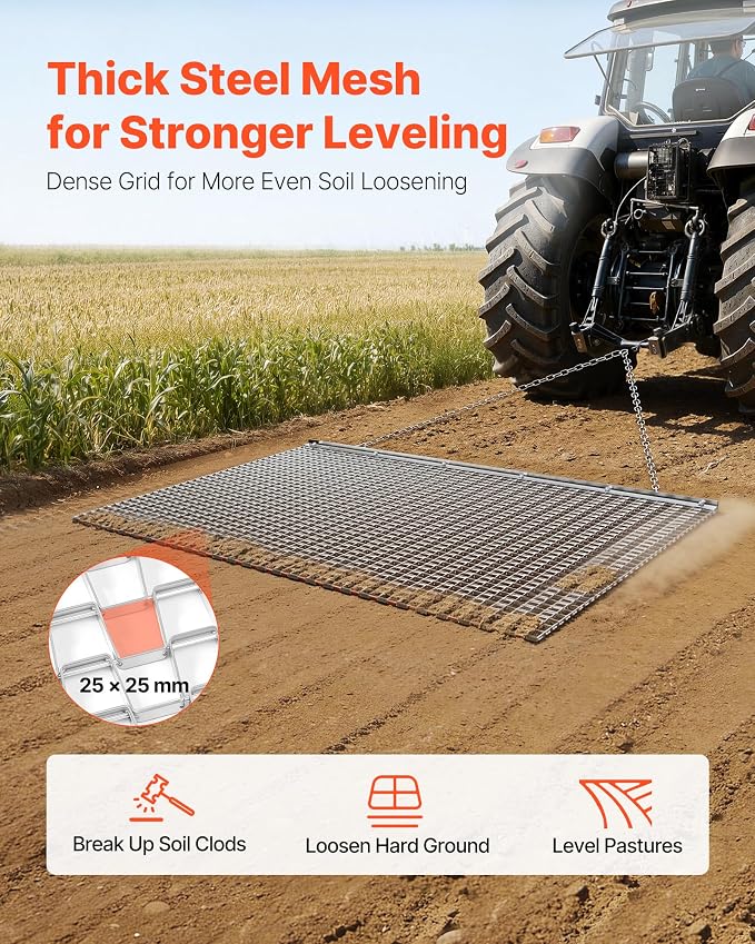VEVOR Drag Harrow, 6 x 3 ft, High-Efficiency Chain Harrow Rake, ATVs UTVs Tractors Attachments, Durable Galvanized Steel Mesh Drag Mat with Towing Chain, for Gravel Driveway Ruts Farm Field Leveling
