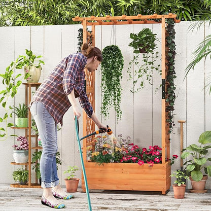 ORALNER Raised Garden Bed with Trellis, Wooden Planter Box with Climbing Frame, Outdoor Elevated Garden Box for Vegetables, Herbs, Flowers, Fruits (Medium)