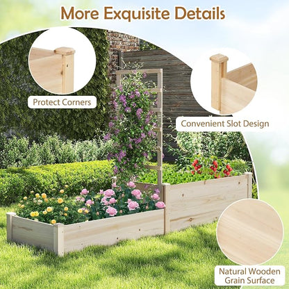Giantex Wooden Raised Garden Bed with Trellis & 2 Planter Boxes, Raised Bed for Vegetables Flowers Vine Fruits Herbs Gardening Planting, Outdoor Garden Box for Patio Backyard Lawn