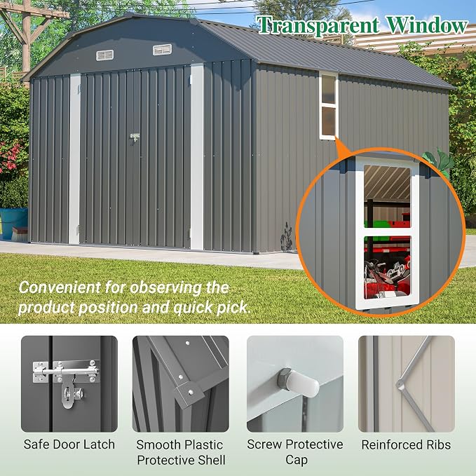 YOPTO 10×12 FT Outdoor Storage Shed,Heavy-Duty Metal Shed with Floor Base,All Weather Waterproof Tool Shed W/Diamond Roof & Windows,Lockable Double Door & 4 Air Vents,for Backyard,Patio,Lawn,Gray