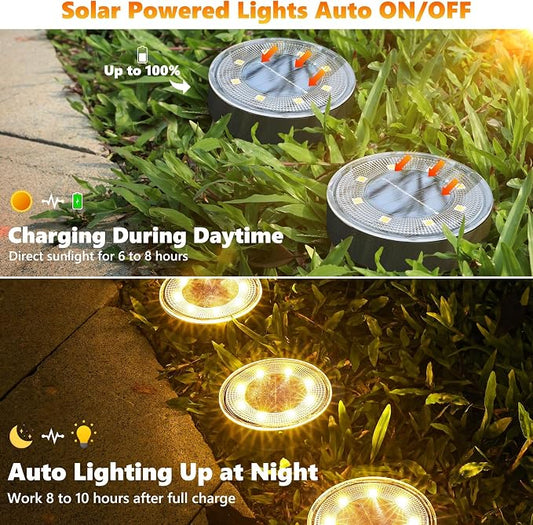Joomer Solar Ground Lights Outdoor Waterproof, 8 Pack 8 LED, Warm White | Solar Powered Garden Lights Disc Landscape Lighting Outdoor for Patio Pathway Lawn Yard Driveway Walkway outside