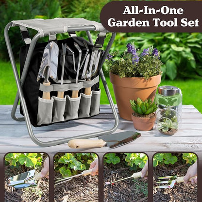 Pure Garden Garden Tools Set - Folding Stool with 250lb Capacity, Detachable 7 Pocket Bag, and 5 Gardening Tools for Weeding and Planting (Gray)