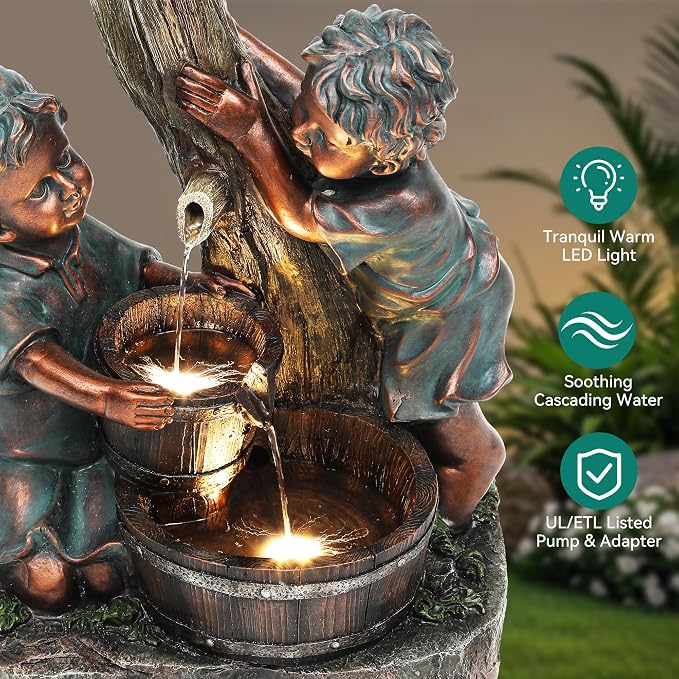 31" Boy and Girl Outdoor Fountain LED 3-Tier Waterfall, Faux Bronze | hand-painted antique bronze, Wood barrel and Pagoda design, patio garden,Yard and Porch