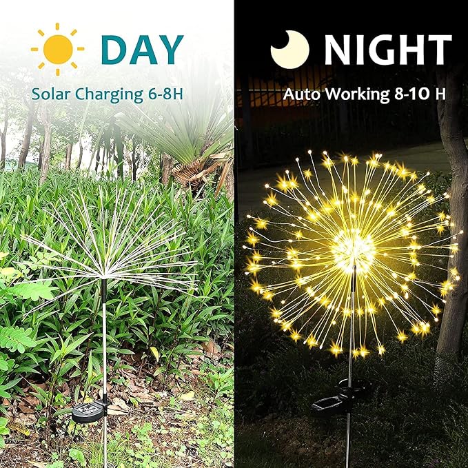 JJGoo Solar Firework Lights, 2 Pack 180 LEDs 2 Lighting Modes Solar Lights Outdoor Waterproof for Garden Patio Walkway Pathway Party Wedding Christmas Decorative - Warm White