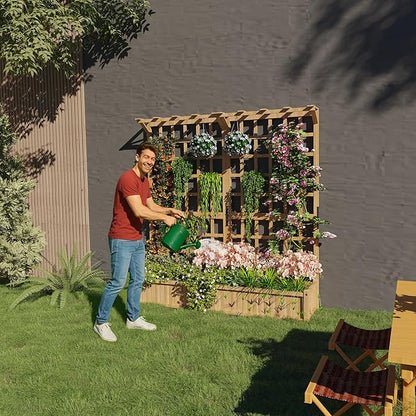 GarveeLife Two-Tier Wooden Planter Box with Trellis for Outdoor Gardens, Elevated Raised Bed for Flowers and Vegetables, 1.4 ft Deep Planter with Hanging Roof & Drainage Holes