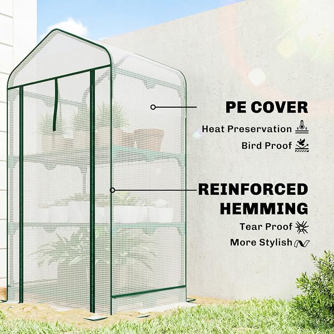 Outsunny 3 Tier Mini Greenhouse with Screen Roof, 27.6" x 19.7" x 50", Portable Small Greenhouse with High Strength PE Cover, Roll-Up Zipper Door for Garden Yard Backyard, White