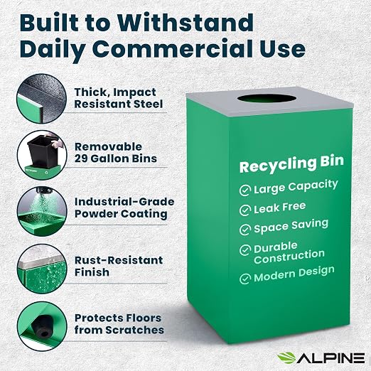 Alpine Commercial Indoor Recycle Bin - 29 Gallon Modern Looking Green Recycle Bin, Office Recycling Bins, Metal Trash and Recycling Container with Stickers & 3 Optional Lids (lid Sold Separately)