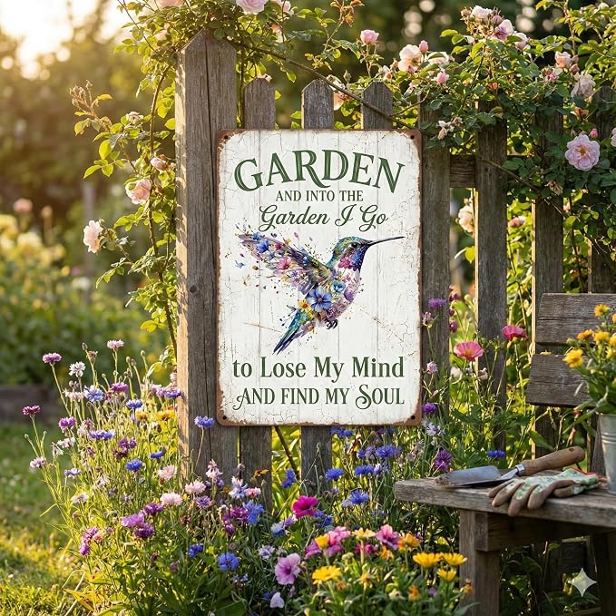 Garden Decor Sign Into the Garden I Go Hummingbird Wall Art | Garden Enthusiasts • Patio Porch Display • Garden Theme • Floral Hummingbird Design • UV Printed • 8x12 Inch