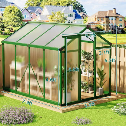 6x8 FT Greenhouse - Large Aluminum Greenhouses for Outdoors | Walk-in Polycarbonate Greenhouse with Roof Vent & Ground Nails, Heavy Duty Green Houses for Garden, Backyard, Patio