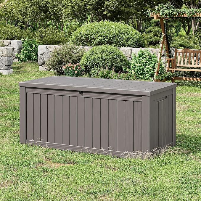 NUNU LAB 180 Gallon Outdoor Storage Box,Resin Large Sturdy Deck Box, Backyard Outside Storage Box Waterproof with Double Wall Panels,Package Delivery Garden Outdoor Hose