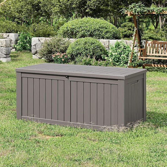 NUNU LAB 180 Gallon Outdoor Storage Box,Resin Large Sturdy Deck Box, Backyard Outside Storage Box Waterproof with Double Wall Panels,Package Delivery Garden Outdoor Hose