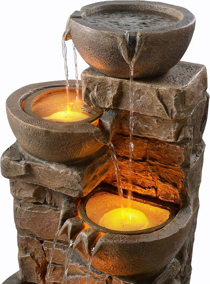 Teamson Home 33.27" Cascading Bowls & Stacked Stones LED Water Fountain for Outdoor Living Spaces, Brown | LED Lights, Cascading Bowls & Stacked Stones, Polyresin, For Patio, Garden, Balcony, Lawn, Yard