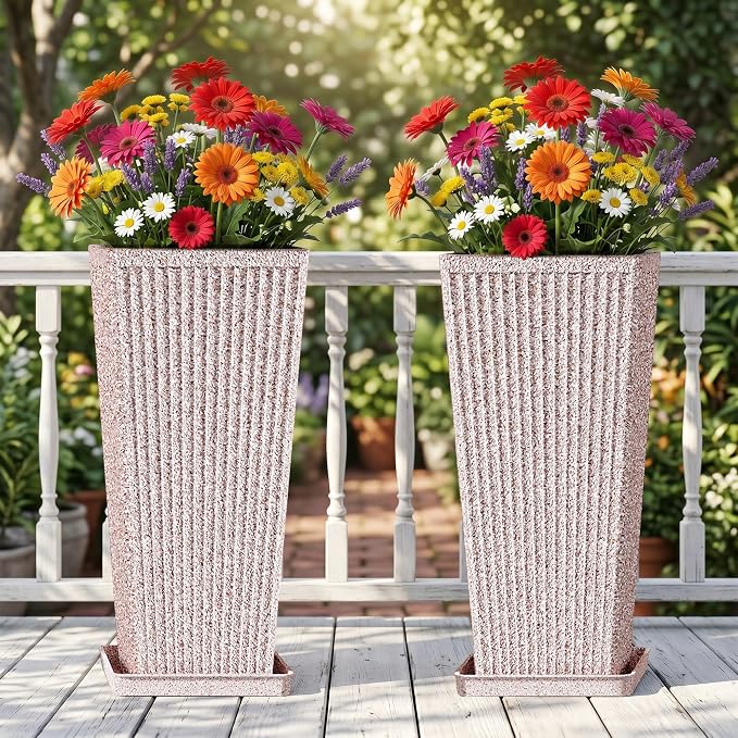 24" Square Tall Planters for Outdoor Plants Set of 2 - Faux Concrete Tapered Indoor Flower Pots with Tray/Insert, Large Outdoor Planters for Porch Patio Garden, White Red Speckled