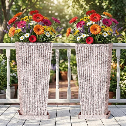24" Square Tall Planters for Outdoor Plants Set of 2 - Faux Concrete Tapered Indoor Flower Pots with Tray/Insert, Large Outdoor Planters for Porch Patio Garden, White Red Speckled
