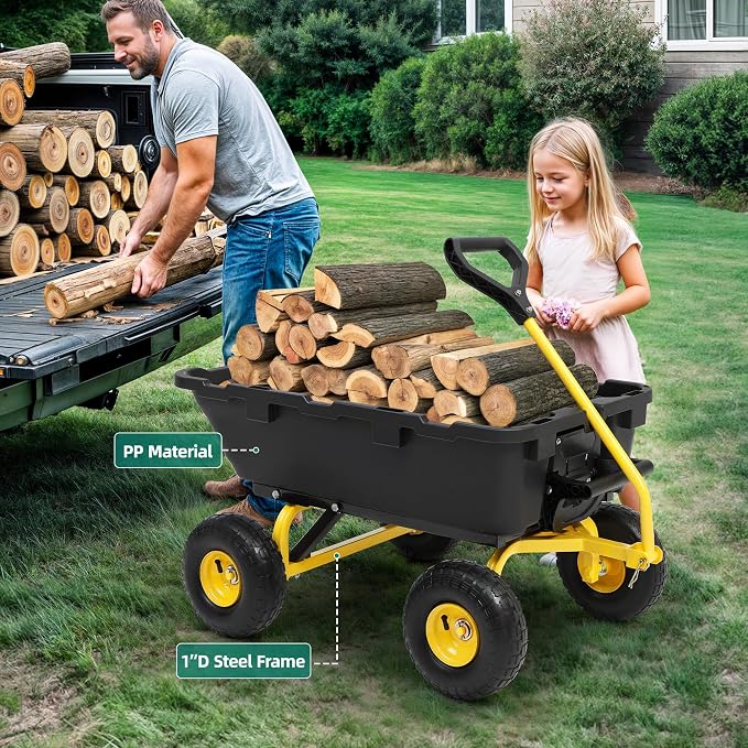 Wheelbarrow Garden Dump Cart Wagon, Yellow | Upgrade 10" All Terrain Pneumatic Tires,DIY Expansion over 900LBS Capacity, Transportation in Yard, Farm, Garden