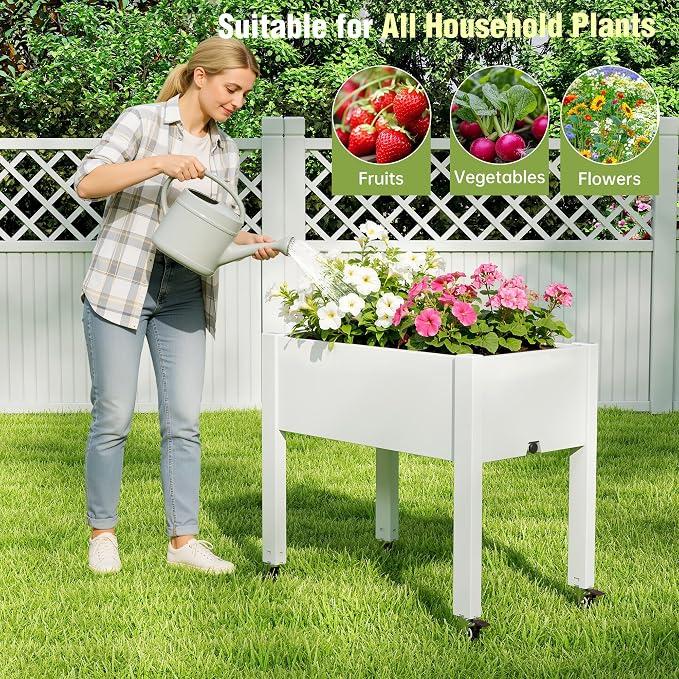 Fancyango Raised Garden Bed with Wheels 26.3" H -Ashen | Resin Elevated Garden Planter Box with Drainage, Outdoor Planter Box for Veggies Herbs Patio Balcony Backyard