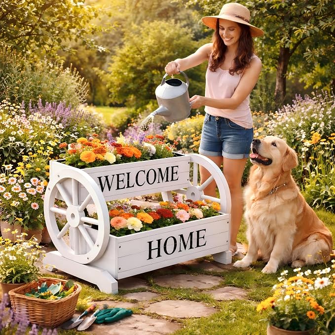 24" White Extra Large 2-Tier Wooden Wagon Planter Box | Whitewashed wood flower cart with drainage holes, liner, wagon wheels, and WELCOME HOME detail for porch and patio decor