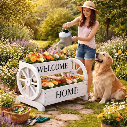 24" White Extra Large 2-Tier Wooden Wagon Planter Box | Whitewashed wood flower cart with drainage holes, liner, wagon wheels, and WELCOME HOME detail for porch and patio decor
