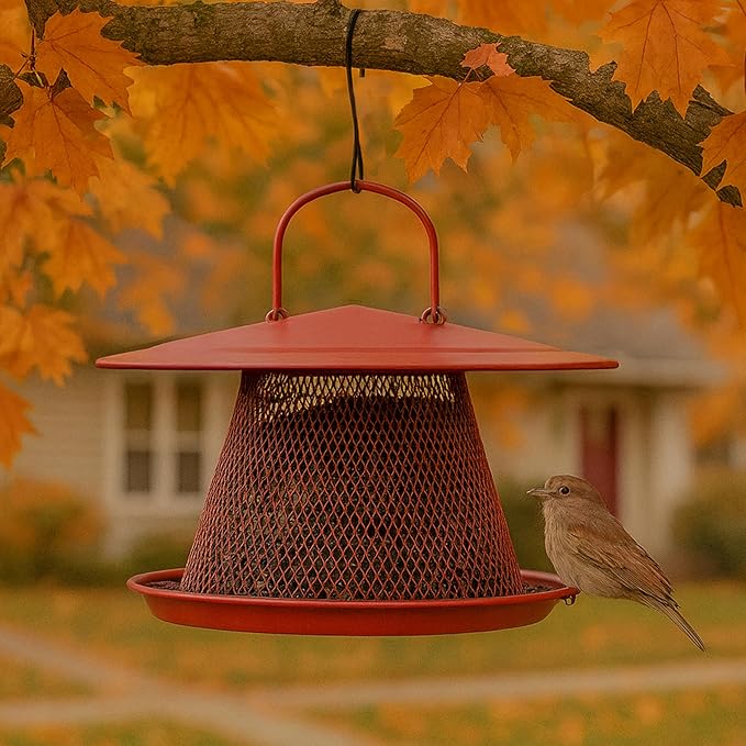 Perky-Pet Red Cardinal Wild Bird Feeder, 2.5 lb Seed Capacity | Holds Up to 15 Birds Simultaneously, Metal Hanging Feeder for Outdoors, Mesh Design, Built-In Hook & Circular Tray, C00322