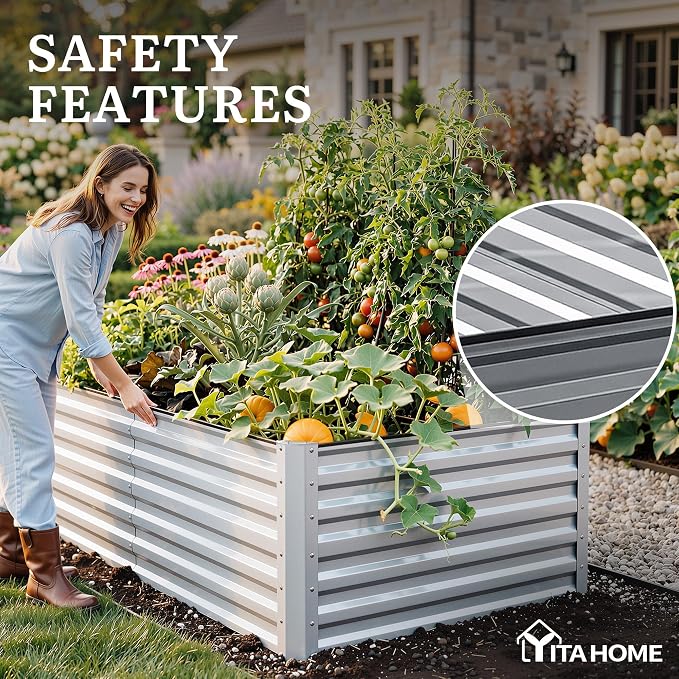 YITAHOME 8x4x2ft Large Raised Garden Bed Kit, Galvanized Metal Planter Box with Gloves, Support Rod, Outdoor Above Ground Planters for Plants Vegetables Flowers, Silver Gray