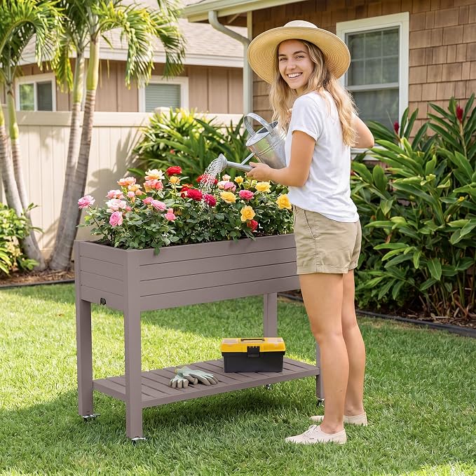 Fancyango Raised Garden Bed with Wheels 33.7" H -Gray | Resin Elevated Garden Planter Box with Drainage, Outdoor Planter Box for Veggies Herbs Patio Balcony Backyard