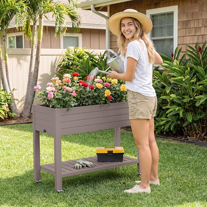 Fancyango Raised Garden Bed with Wheels 33.7" Hx2 -Gray | Resin Elevated Garden Planter Box with Drainage, Outdoor Planter Box for Veggies Herbs Patio Balcony Backyard