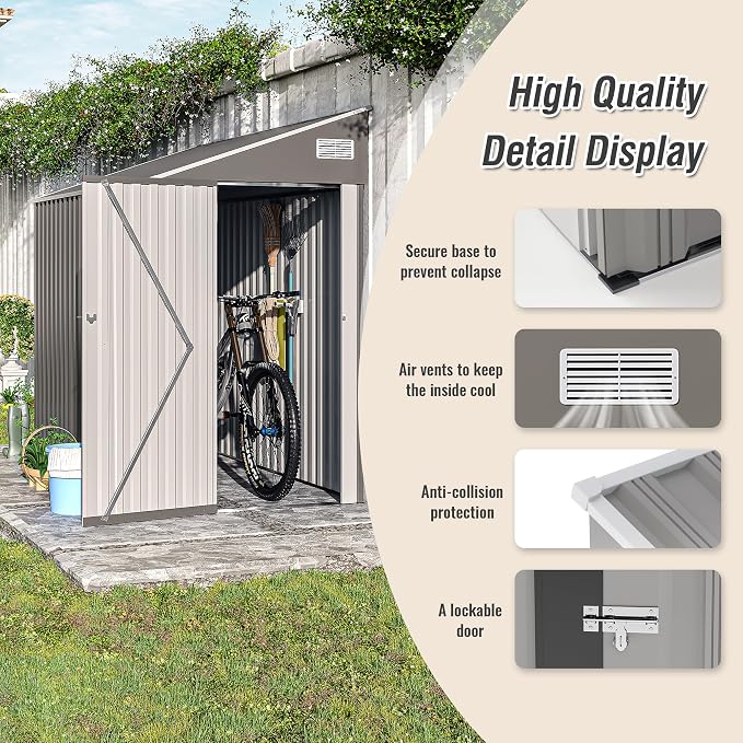 YOPTO 4x8 FT Lean to Shed, Outdoor Metal Storage Sheds with Lockable Door,Garden Tool Shed with Sloping Roof for Backayrd, Patio,Lawn,Gray