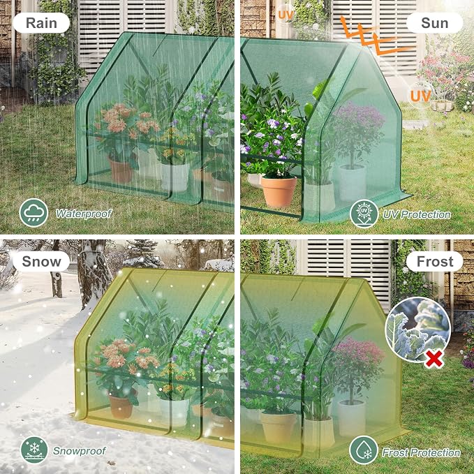 Aoodor 6 x 3 x 3 ft Mini Greenhouse with 2 Zipper Doors, Water-Resistant, UV-Protected for Flowers, Vegetables, and Herbs, Includes 3 Covers
