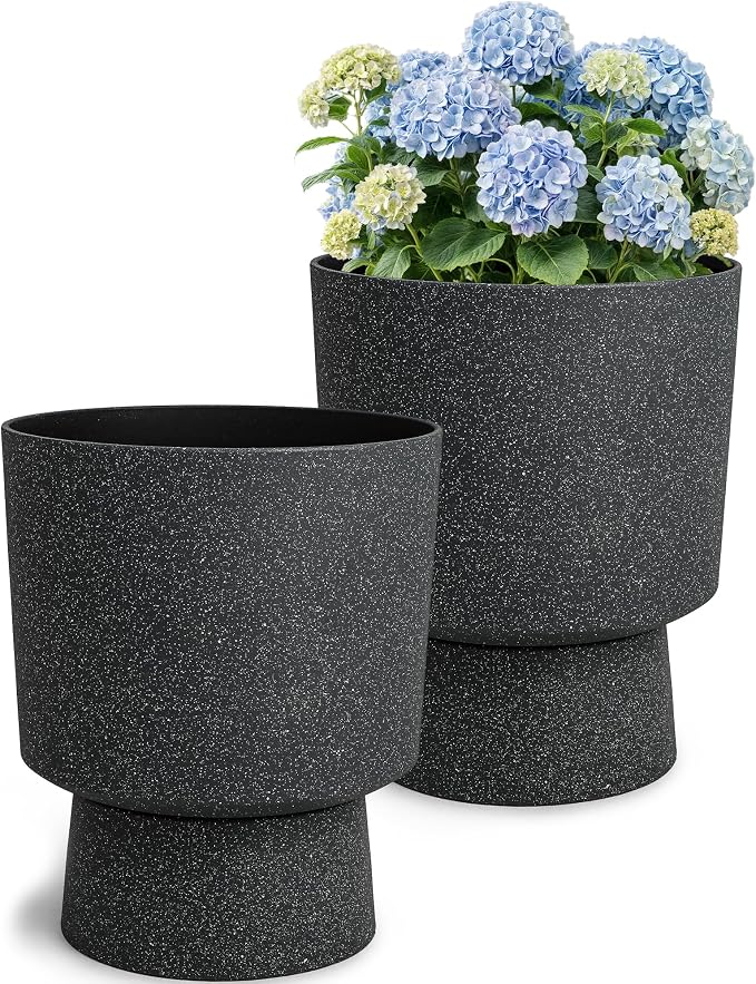 Autodaya 16.8" Black Terrazzo Pedestal Planters Set of 2 with Drainage Hole | Modern Plastic Flower Pots with Weather-Resistant Finish for Indoor or Outdoor Garden, Patio, Balcony, or Entryway Decor