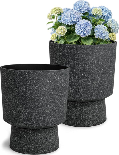 Autodaya 16.8" Black Terrazzo Pedestal Planters Set of 2 with Drainage Hole | Modern Plastic Flower Pots with Weather-Resistant Finish for Indoor or Outdoor Garden, Patio, Balcony, or Entryway Decor
