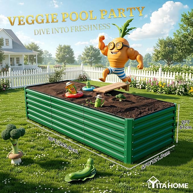 YITAHOME 4pcs 8x4x2 ft Galvanized Raised Garden Bed Kit, Large Metal Planter Box with Gloves, Safety Rubber & Support Rod, Outdoor Flower Bed for Plants Vegetables, Green
