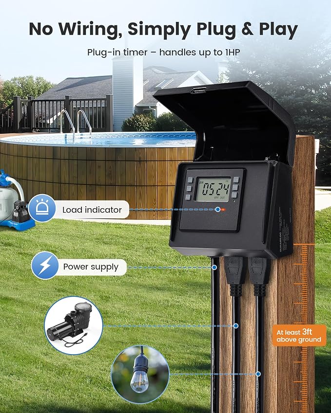 SURAIELEC Digital Pool Timer for Above Ground Pools, NEMA 5-15R Plug-in Timer with Dual Outlets, 15A 125V 1HP, Programmable 7-Day Schedule, Weatherproof Cover, for Pool Pumps, Lights and Salt Systems